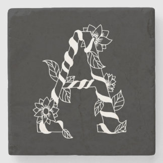 Schwarz-Weiß-Buchstabe "A" mit Twining-Blume Steinuntersetzer