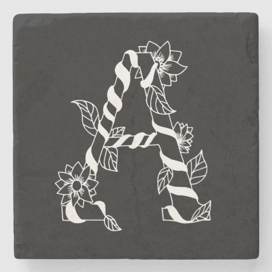Schwarz-Weiß-Buchstabe "A" mit Twining-Blume Steinuntersetzer (Vorderseite)