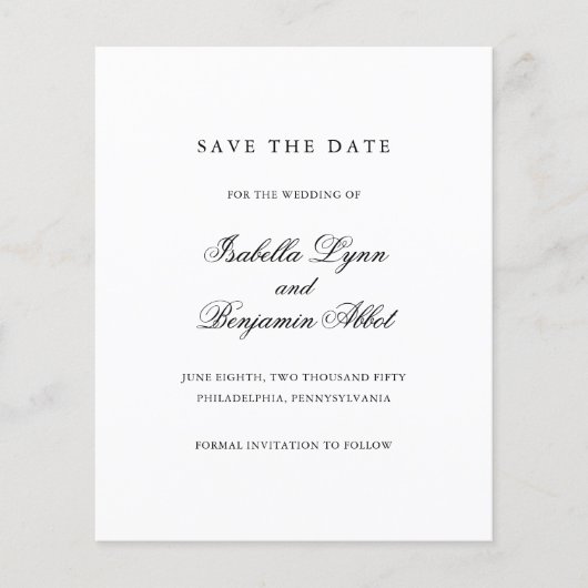 Schwarz-Weiß-Budget-Hochzeit rettet das Datum (Vorderseite)