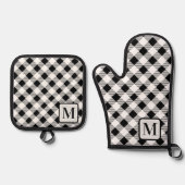 Schwarz-weiß Buffalo Kariert Gingham Monogram Nied Ofenhandschuh & Topflappen-Set (Vorderseite)