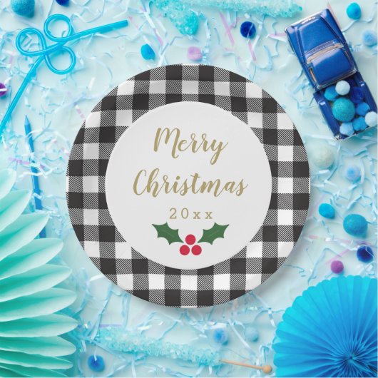 Schwarz-Weiß Buffalo Kariert Heilige Weihnachten Pappteller (Party)