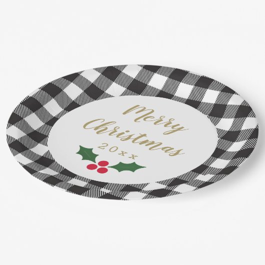 Schwarz-Weiß Buffalo Kariert Heilige Weihnachten Pappteller (Schrägansicht)