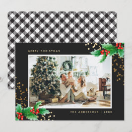 Schwarz-weiß Buffalo Kariert Holly Foto Weihnachte Feiertagskarte