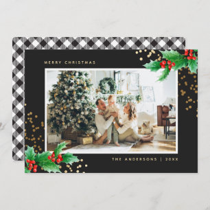 Schwarz-weiß Buffalo Kariert Holly Foto Weihnachte Feiertagskarte