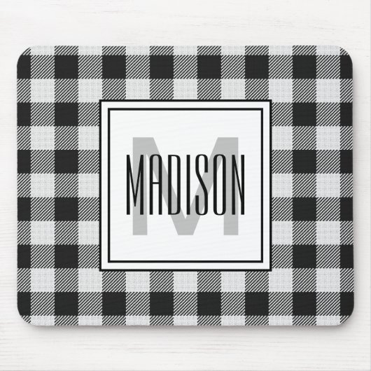 Schwarz-Weiß-Buffalo Kariert/Karo Mit Monogramm Mousepad (Vorne)