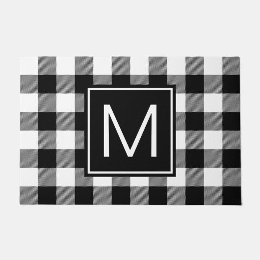 Schwarz-Weiß-Buffalo Kariert Mit Monogramm Fußmatte (Vorderseite)