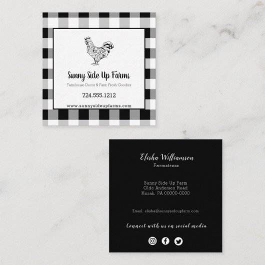 Schwarz-Weiß-Buffalo Kariert mit Rooster Quadratische Visitenkarte (Vorne/Hinten)
