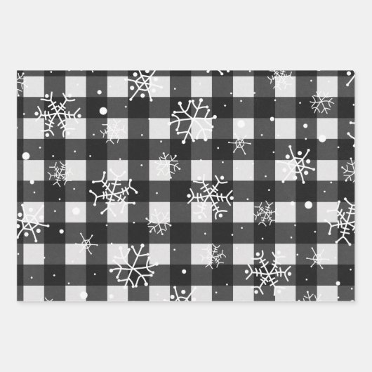 Schwarz-Weiß-Buffalo Kariert mit Schneeflocken Geschenkpapier Set (Vorderseite 2)