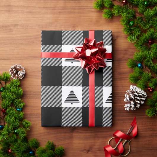 Schwarz-Weiß-Buffalo Kariert mit Weihnachtsbäumen Geschenkpapier (Feiertagsgeschenk)