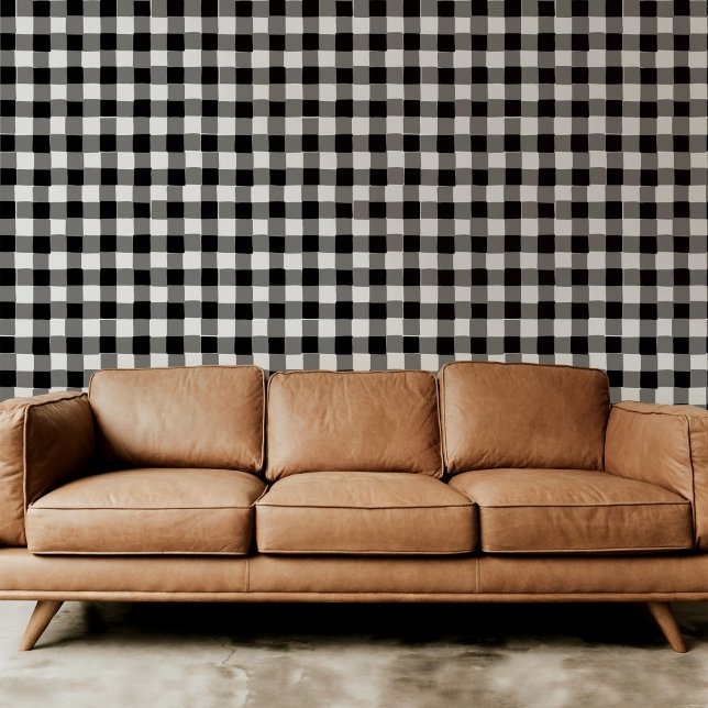 Schwarz-Weiß-Buffalo-Karo Kariert Tapete (Classic black and white hand-drawn buffalo check plaid modern peel and stick wallpaper.)