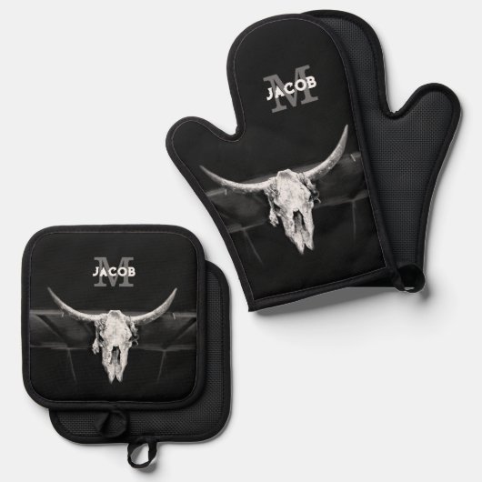 Schwarz-Weiß-Bullen-Monogramm des rustikalen Weste Ofenhandschuh & Topflappen-Set (Vorderseite/Rückseite)