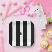 Schwarz-Weiß-Cabana-Streifen Minimal-Monogramm Pappteller (Party)