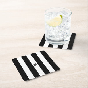 Schwarz-Weiß-Cabana-Streifen Minimal-Monogramm Rechteckiger Pappuntersetzer