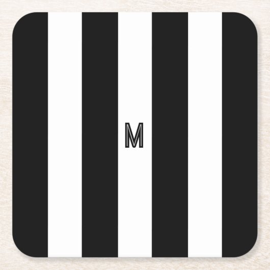Schwarz-Weiß-Cabana-Streifen Minimal-Monogramm Rechteckiger Pappuntersetzer (Vorderseite)