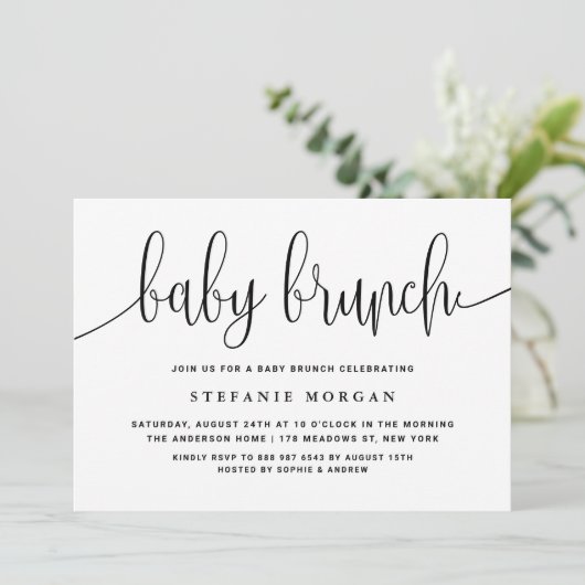 Schwarz-Weiß Calligraphie Baby Brunch Einladung (Stehend Vorderseite)