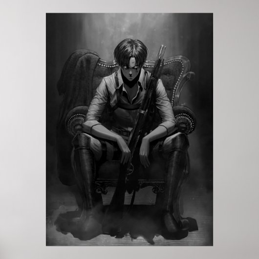 Schwarz-Weiß Capten Levi mit der Waffe Poster (Vorne)