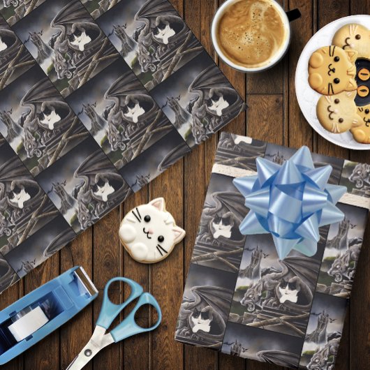 Schwarz-weiß Cat Gargoyle Geschenkpapier