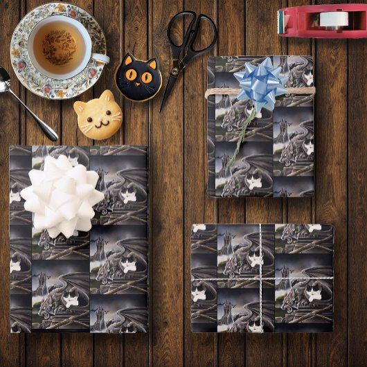 Schwarz-weiß Cat Gargoyle Geschenkpapier Set