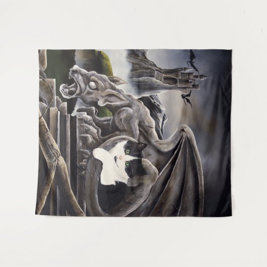 Schwarz-weiß Cat Gargoyle Wandteppich (Vorderseite (Horizontal))