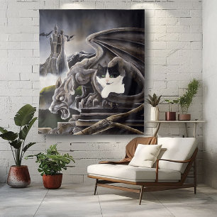 Schwarz-weiß Cat Gargoyle Wandteppich