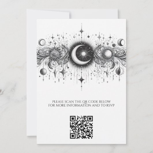 Schwarz-Weiß-Celestial mit QR-Code Hochzeit Einladung (Rückseite)