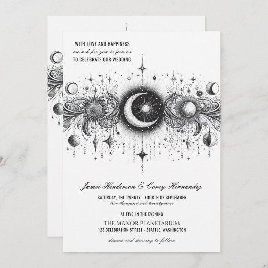 Schwarz-Weiß-Celestial mit QR-Code Hochzeit Einladung (Vorne/Hinten)