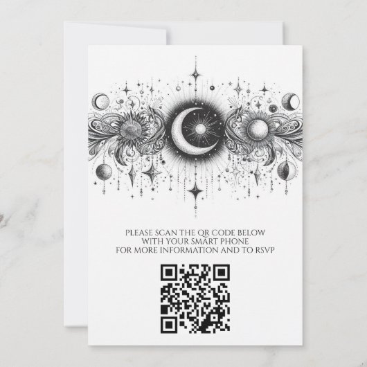 Schwarz-Weiß-Celestial mit QR-Code Hochzeit Einladung (Rückseite)