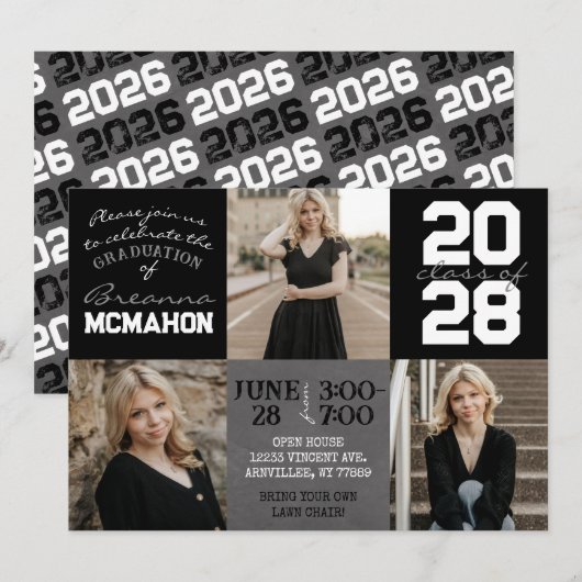 Schwarz-Weiß-Chalkboard 3-Foto-Abschluss Einladung (Vorne/Hinten)