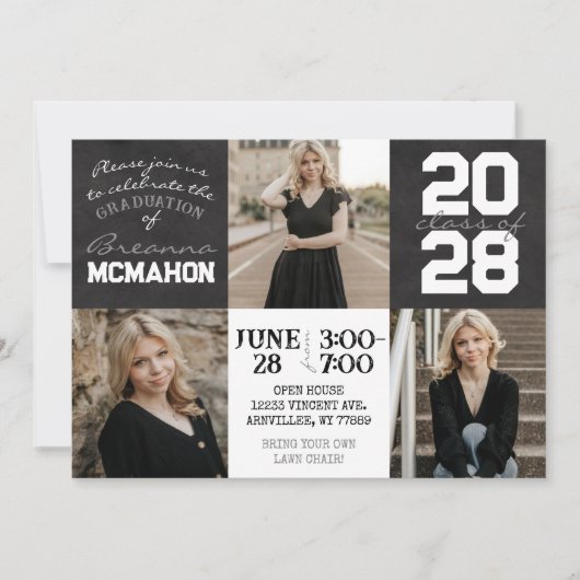 Schwarz-Weiß-Chalkboard 3-Foto-Abschluss Einladung (Vorderseite)