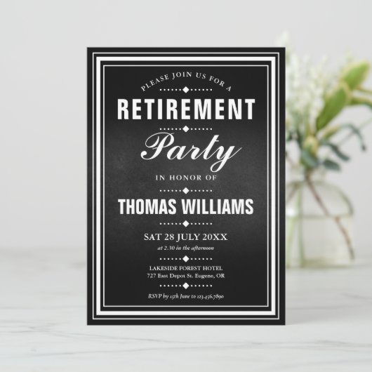 Schwarz-Weiß-Chalkboard-Foto-Renting-Party Einladung (Stehend Vorderseite)