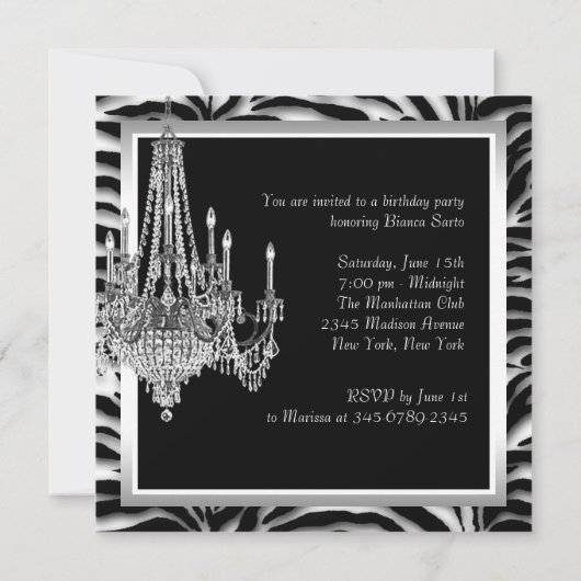 Schwarz-weiß Chandelier Zebra Birthday Party Einladung (Rückseite)