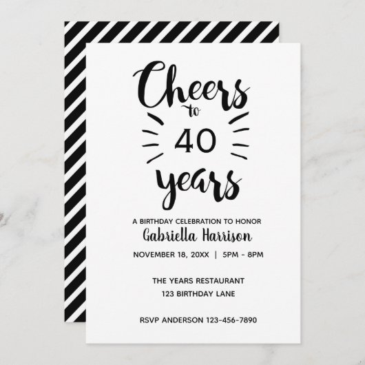 Schwarz-Weiß-Cheers bis 40. Geburtstag Einladung (Vorne/Hinten)