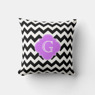 Schwarz Weiß Chevron Flieder Quatrefoil Monogramm Kissen