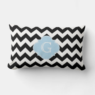 Schwarz Weiß Chevron Hellblau Quatrefoil Monogramm Lendenkissen