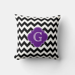 Schwarz Weiß Chevron Lila Quatrefoil Monogramm Kissen