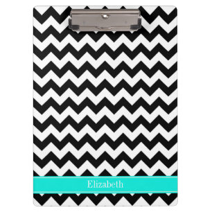 Schwarz Weiß Chevron Zickzack Hell Aqua Name Monog Klemmbrett
