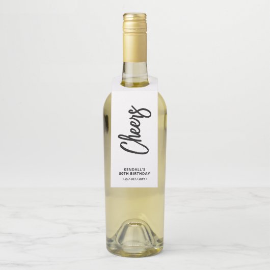 Schwarz-Weiß-Chic-Brush-Lettern Party Flaschenanhänger (Auf Flasche)