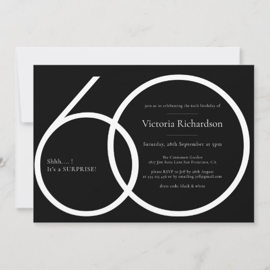 Schwarz-weiß Chic Minimalistisch Überraschung 60. Einladung (Vorderseite)