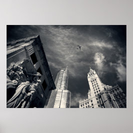 Schwarz-Weiß-Chicago-City-Skyline mit Flugzeug Poster