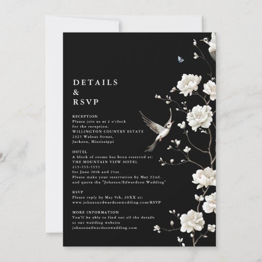 Schwarz-Weiß Chinoiserie Blumendetails Hochzeit Einladung (Rückseite)