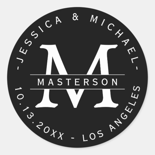 Schwarz-Weiß-Classic-Monogramm-Hochzeitskleber Runder Aufkleber (Vorderseite)