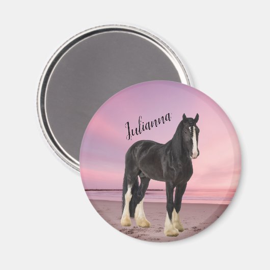 Schwarz-Weiß-Clydesdale am Strand bei Sunset Magnet (Vorderseite/Rückseite)