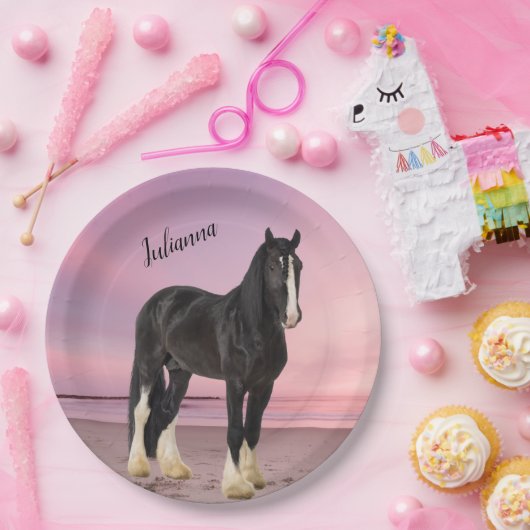 Schwarz-Weiß-Clydesdale am Strand bei Sunset Pappteller (Party)