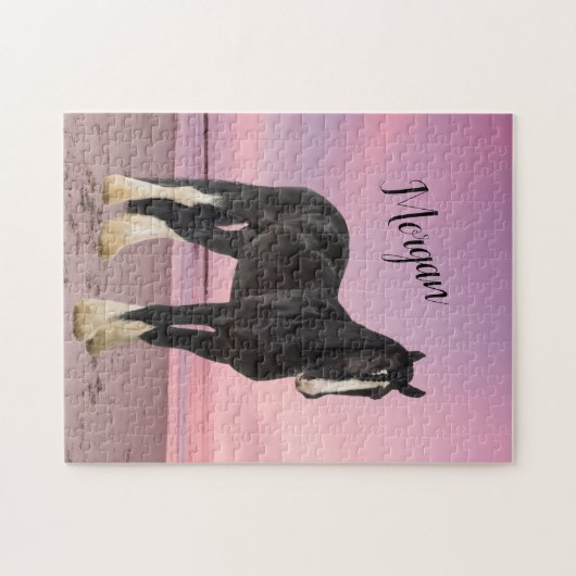 Schwarz-Weiß-Clydesdale am Strand bei Sunset Puzzle (Horizontal)