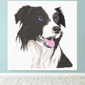 Schwarz-Weiß-Collie mit Blue Eyes Portrait. Leinwanddruck (Insitu (Holzboden))