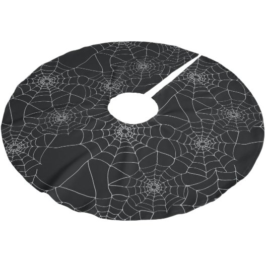 Schwarz-Weiß-Creepy-Goth-Spinnennetze Polyester Weihnachtsbaumdecke (Schrägansicht)