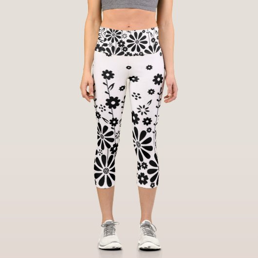 Schwarz-Weiß-Daisy Hochgebirge Capri Leggings (Vorderseite)