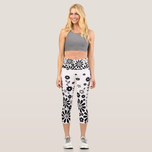 Schwarz-Weiß-Daisy Hochgebirge Capri Leggings (Vorderseite)