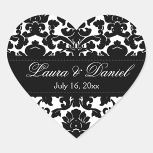 Schwarz/Weiß Damask 1,5" Hochzeitsaufkleber Herz-Aufkleber