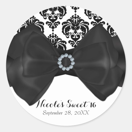 Schwarz & Weiß Damask Bling Bow Glam Sweet 16 Part Runder Aufkleber (Vorderseite)